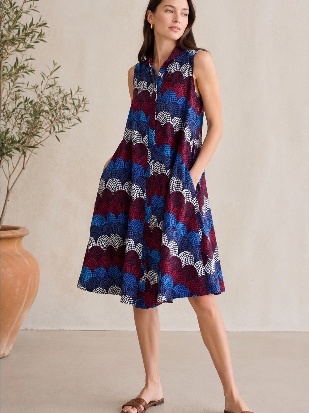 Zuri Call Waiting African Wax Print Sleeveless Midi Dress Pockets Hand Dyed XL